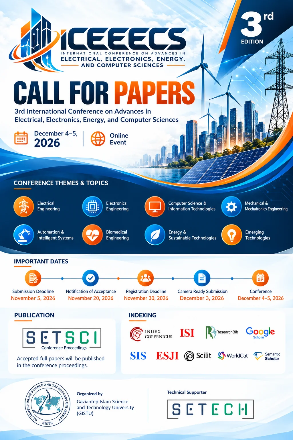 ICEEECS 2026 Call for Papers poster: conference themes and topics, important dates, publication and indexing
